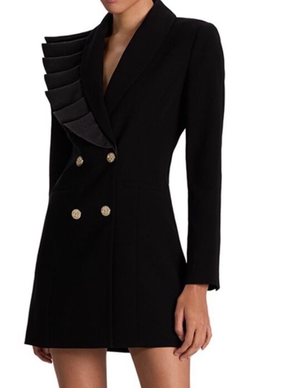 Alice + Olivia Black Double-Breasted Blazer Dress with Pleated Stepped Lapel